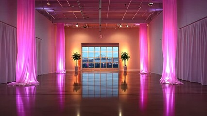 Spacious event hall with pink accents