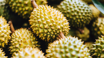 A pile of yellow-green durian fruit with sharp thorns, close-up photography. Clipping path included. Isolated on white background.