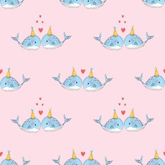 Seamless pattern on pink background with whale © Svitlana