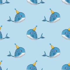 Seamless pattern on blue background with whale © Svitlana