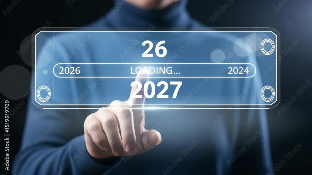 Poster A person touching a loading bar interface showing the years from twenty twenty one to twenty twenty six