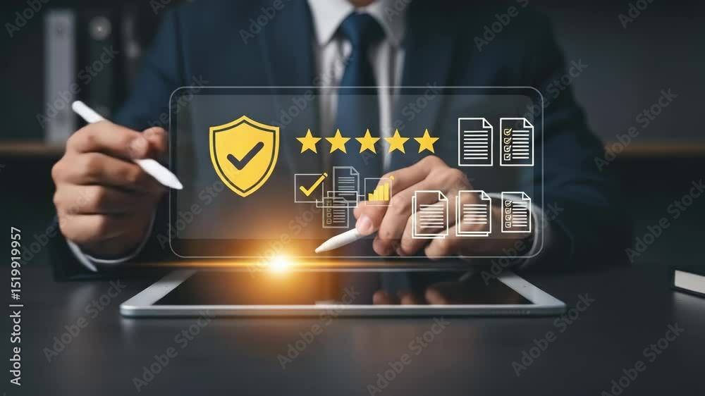Fototapete A person using a tablet with a stylus to interact with digital document and security icons