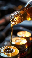 Engine oil pouring into car oil filter in a garage
