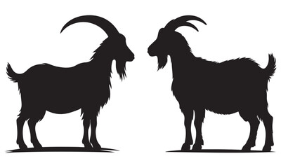 Silhouette of a goat and man together isolated on white background
