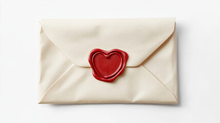 Close up old vintage weathered brown paper blank mailing envelope with retro styled red wax seal, elevated top view, directly above isolated On white background.