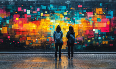 Two women with backpacks looking at vibrant colorful abstract digital art mural on urban brick wall at night with reflections on wet pavement in city street scene