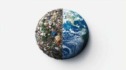 Planet Earth against a clean, left side, the Earth is covered in a layer of trash and pollution, the right side, the Earth is pristine and vibrant, lush forests, clear oceans, healthy atmosphere. 