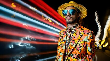 Stylish man with pattern blazer standing on city street with light trails at night - Powered by Adobe
