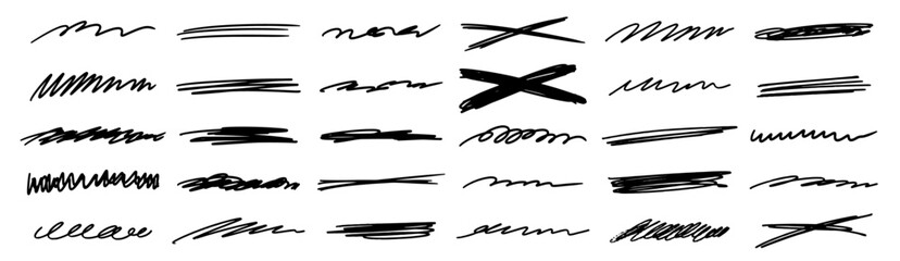 Hand-drawn underline highlighting lines. Rough scribbles for undoing and corrections. Grunge brush strokes. Freehand divider line vector illustration.