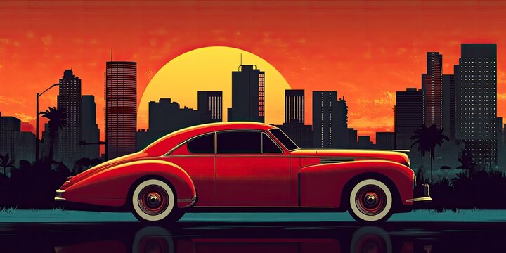 Retro Red Classic Car at Sunset Cityscape - Powered by Adobe