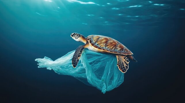 Sea turtle entangled in plastic bag underwater