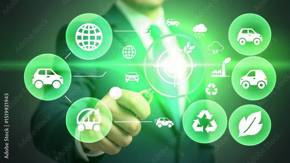 Poster man in suit holds magnifying glass over target with environmental icons surrounding it on dark backg