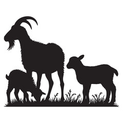 Black and white farm animal illustration: a goat on a white background