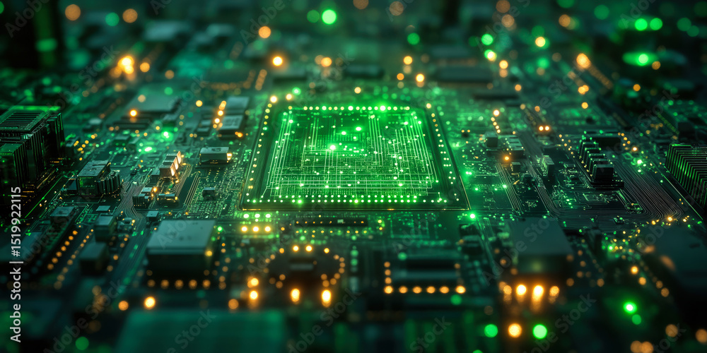 Poster close-up of electronic circuit board with glowing green microchip and illuminated components showcas