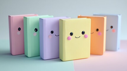 pastel 3D kawaii notebooks with smiling faces and colorful covers, clean background, minimal back-to-school style