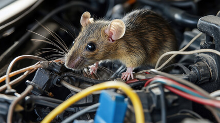 A scene depicting a rat gnawing on car wiring inside an engine bay, with the surrounding components slightly Clipping path included.