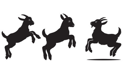 Black vector silhouettes of wild baby goat depict a dynamic equestrian and farm animal illustration