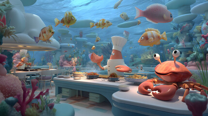 3D cartoon of a crab chef cooking in a coral tree