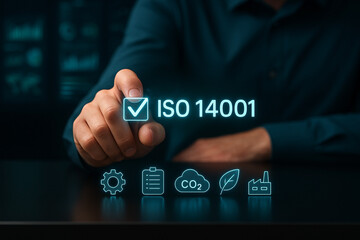 ISO 14001 Environmental Management System EMS interface with illuminated holographic display and environmental icons for sustainable compliance and smart industrial tracking..