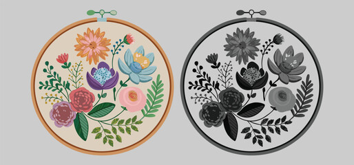 Vibrant floral embroidery design featuring colorful flowers and foliage in a detailed hand drawn style.