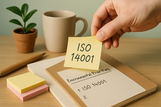 ISO 14001 Environmental Management System EMS sticky note placed on a notebook with environmental priorities in a clean and organized eco-friendly office workspace..