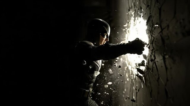 Superhuman strength shatters the wall into fragments, determination, darkness breaks