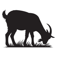 Black vector silhouette illustration of a goat eat grass