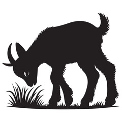 baby goat eat grass silhouette art style with white background