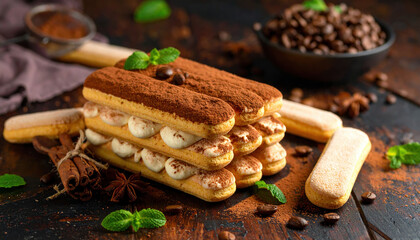 Decadent dessert layers of rich espresso soaked ladyfingers, alternating with creamy filling, garnished with mint leaves, evoke indulgence and warmth. Perfect for coffee lovers