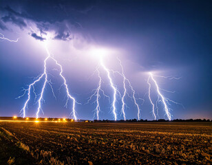 Dramatic flash of lightning illuminates dark sky, creating stunning display over field at night. powerful bolts of electricity create awe inspiring scene