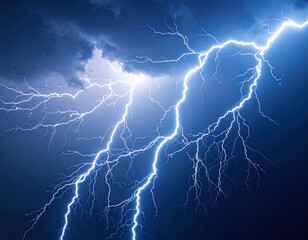 Dramatic flash of lightning illuminates dark sky, creating stunning visual display of nature power and beauty, evoking awe and wonder in viewer