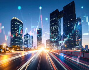 Vibrant cityscape at dusk showcases modern skyscrapers illuminated against darkening sky, with dynamic financial data visualizations overlaying scene, creating sense of innovation and progress