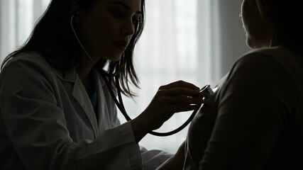 Caring doctor listens to patient's heartbeat with stethoscope, healthcare consultation - Powered by Adobe