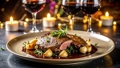 Beautifully plated dish featuring slice of tender meat garnished with herbs, accompanied by roasted garlic and rich sauce, set against backdrop of elegant wine glasses and soft candlelight