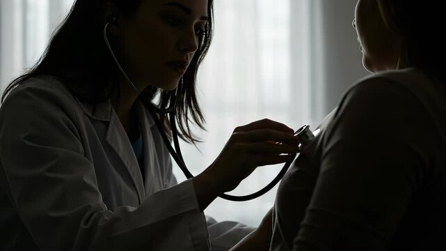 Caring doctor listens to patient's heartbeat with stethoscope, healthcare consultation