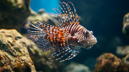 Lionfish Swimming Gracefully in Aquarium Water with Orange and White Stripes