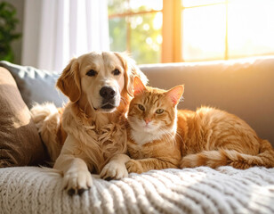 Fluffy golden retriever puppy and fluffy ginger cat are peacefully resting together on cozy couch, basking in warm sunlight streaming through window, creating serene and heartwarming atmosphere