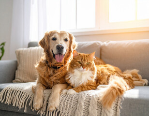 Fluffy ginger cat and playful golden retriever puppy relax together on cozy sofa, basking in warm sunlight. Their friendship radiates joy and comfort in this serene setting
