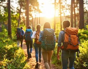 Young hikers with backpacks explore scenic forest trail, surrounded by lush greenery and tall trees, as sun sets, creating warm and inviting atmosphere