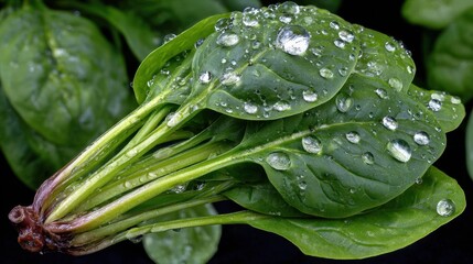 Fresh spinach leaves with water droplets on black background, highlighting texture and vibrancy. National Spinach Day