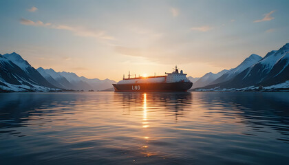 Fototapeta premium Large LNG tanker sails through serene fjord at sunset, surrounded by snow capped mountains and reflecting on calm waters