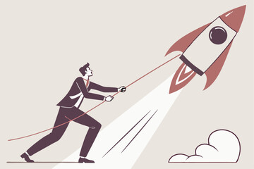 Entrepreneur initiative idea, ambition to push effort to success, start new business or company with creativity development, innovation or invention concept, businessman pull new creative rocket