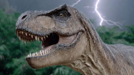 Roaring tyrannosaurus rex in thunderstorm with lightning