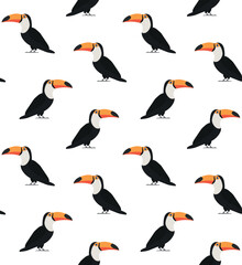 Vector seamless pattern of flat hand drawn toucan isolated on white background