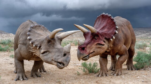 Two triceratops dinosaurs in prehistoric desert landscape under dark stormy sky