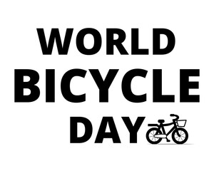 World Bicycle Day text typography silhouette in white background with bicycle illustration. Concept of sustainable and Eco cycling