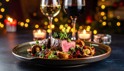 Beautifully plated dish featuring succulent fillet of meat, garnished with fresh herbs and accompanied by colorful vegetables and berries. setting is warm and inviting, enhanced by soft