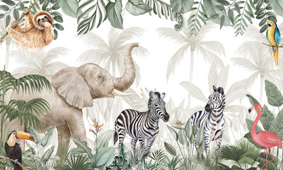 Soft Tone Wildlife Wall Mural: Elephants, Zebras, Birds in Tropical Forest © csinie1