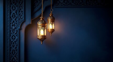 Ornate gold lanterns hanging against a dark blue wall