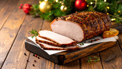 Beautifully presented smoked beef brisket rests on wooden cutting board, showcasing its glistening slices. festive background features holiday decorations, creating warm and inviting atmosphere
